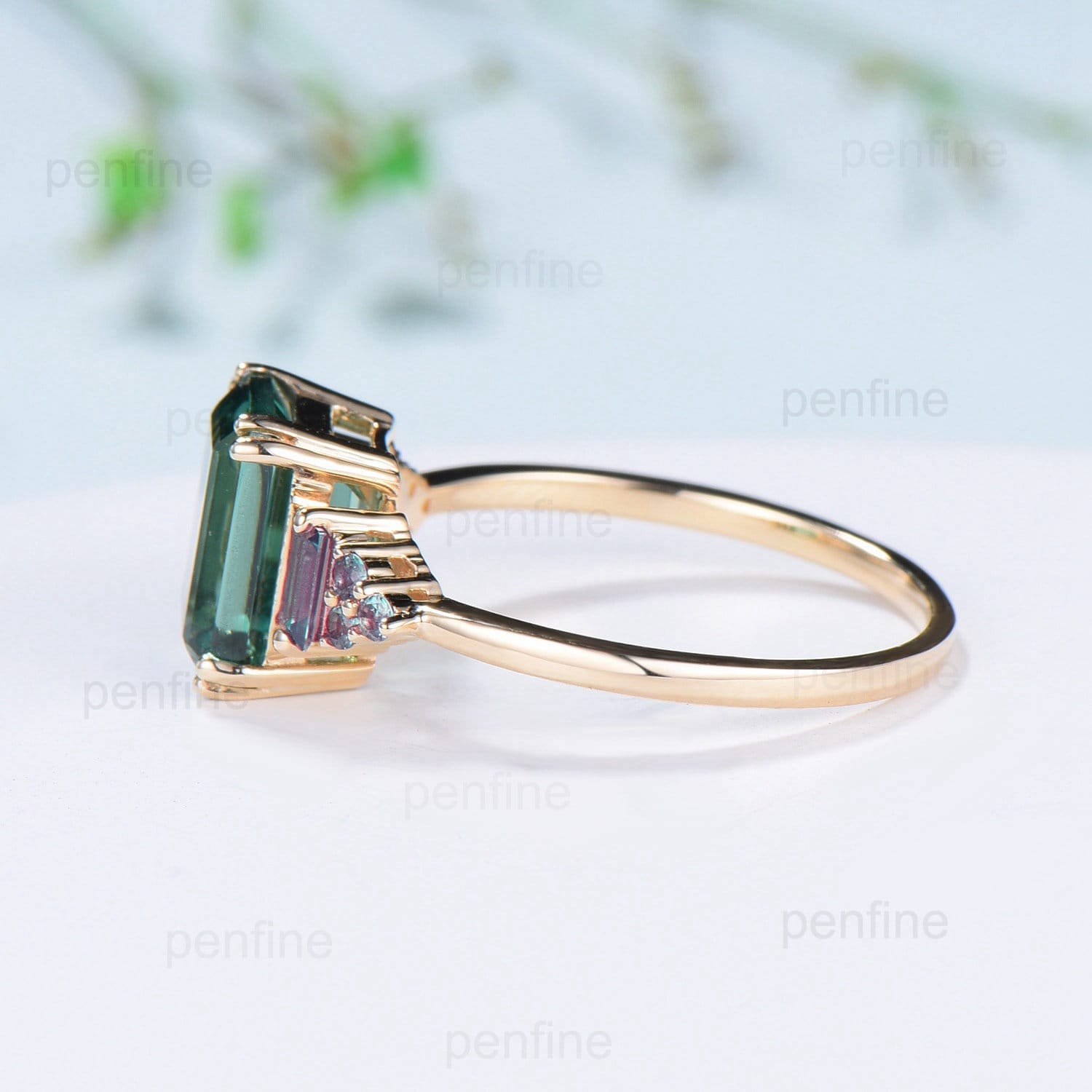 Unique Emerald Cut Green Sapphire Ring 8 Prongs Cluster Baguette Alexandrite Engagement Ring Vintage Green Crystal Wedding Ring for Women - PENFINE