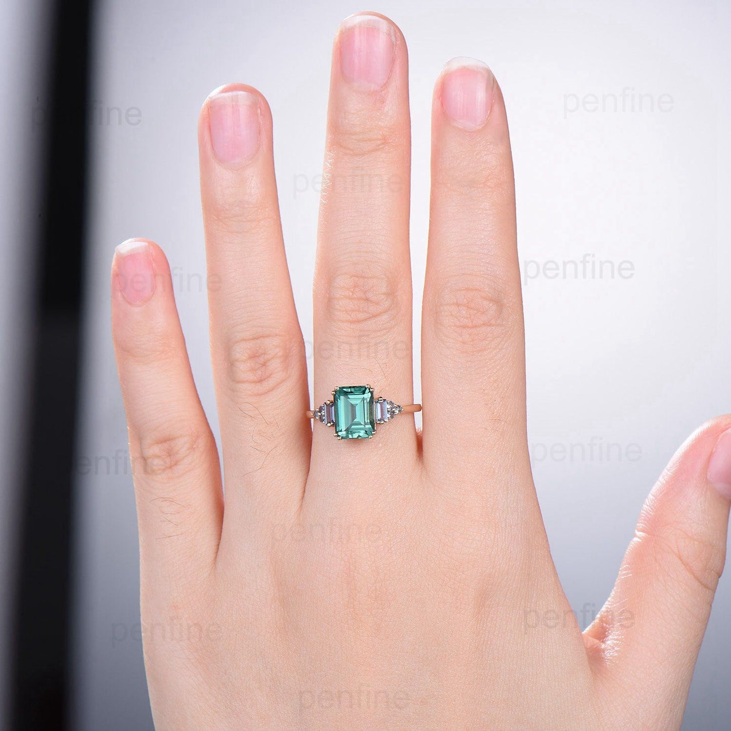 Unique Emerald Cut Green Sapphire Ring 8 Prongs Cluster Baguette Alexandrite Engagement Ring Vintage Green Crystal Wedding Ring for Women - PENFINE