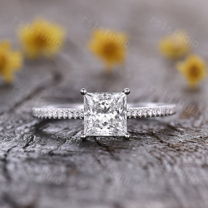 1ct Princess Cut Lab Grown Diamond Engagement Ring: 14K White Gold Wedding Band