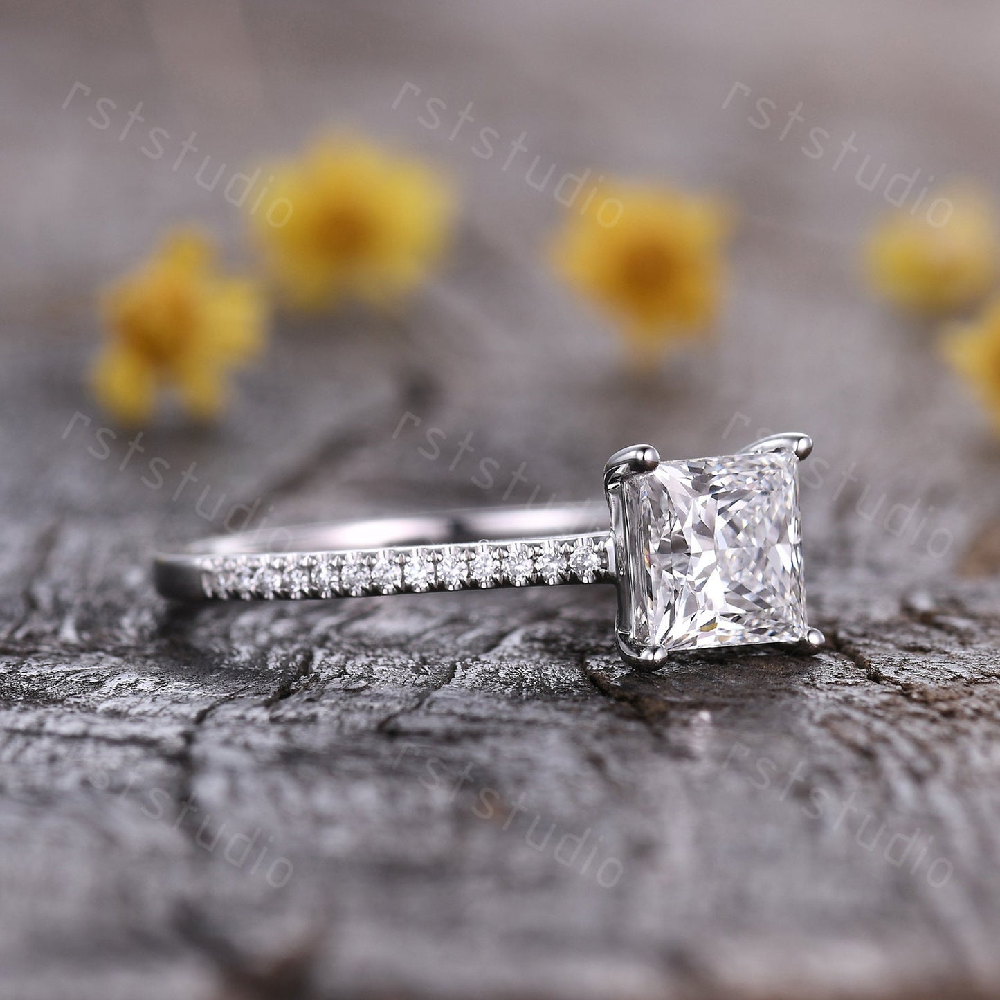 1ct Princess Cut Lab Grown Diamond Engagement Ring: 14K White Gold Wedding Band