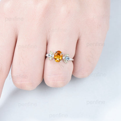 Unique Oval Citrine Engagement Rings Multi-Stone Rings Marqusie Cut Peridot Wedding Ring Swiss Topaz Anniversary Ring Vintage Rose Gold Ring - PENFINE