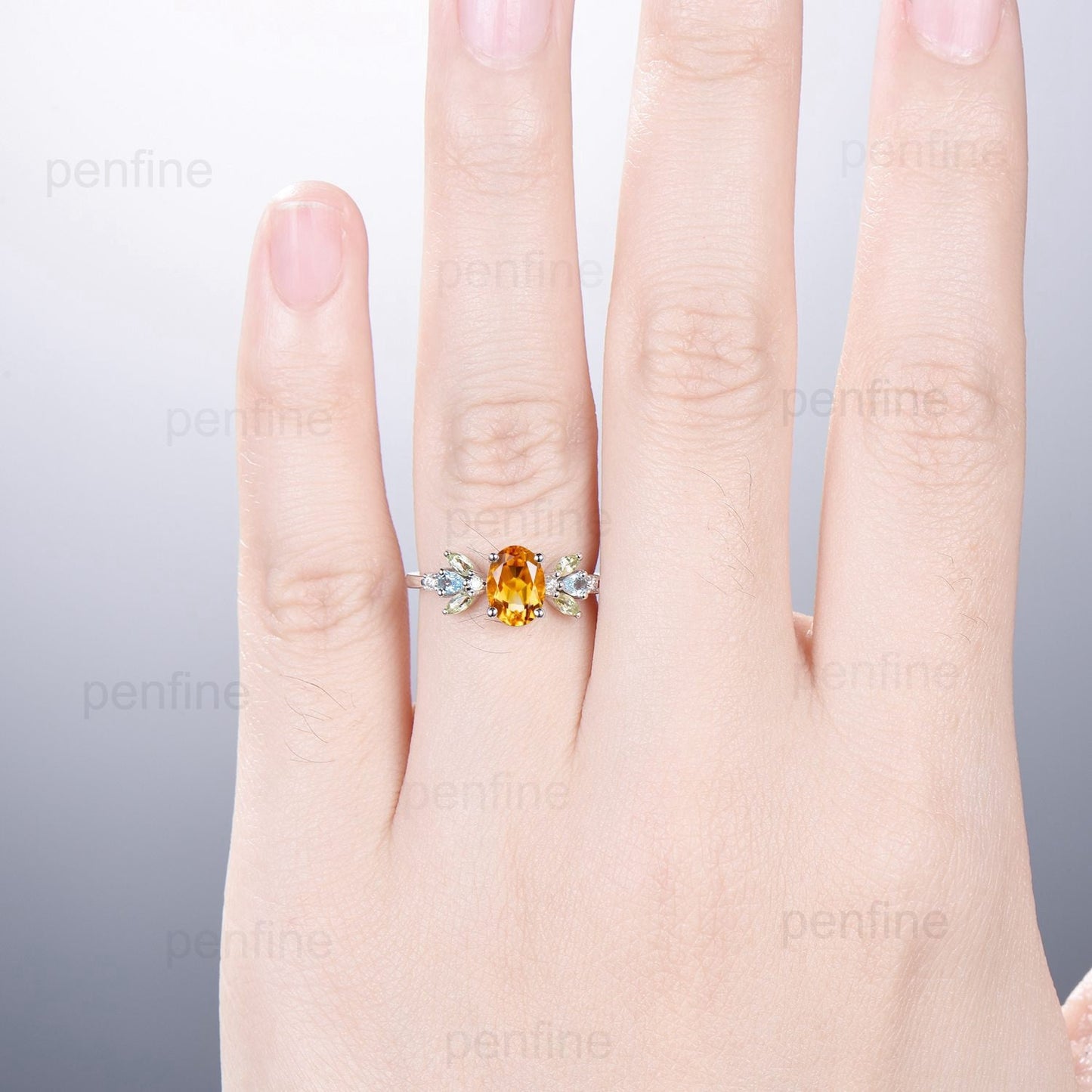 Unique Oval Citrine Engagement Rings Multi-Stone Rings Marqusie Cut Peridot Wedding Ring Swiss Topaz Anniversary Ring Vintage Rose Gold Ring - PENFINE