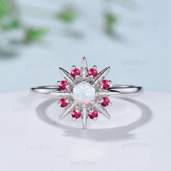 Vintage Galaxy Star Fire Opal Engagement Ring Sunflower White Gold Art Deco Opal Ruby Stacking Promise Ring Handmade Proposal Gifts Women - PENFINE