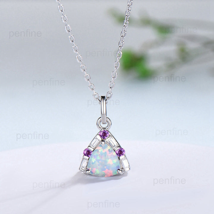 Trilliant Opal Amethyst pendant necklace vintage baguette moissanite pendant silver white  gold fire opal necklace Engagement Gift For Women - PENFINE