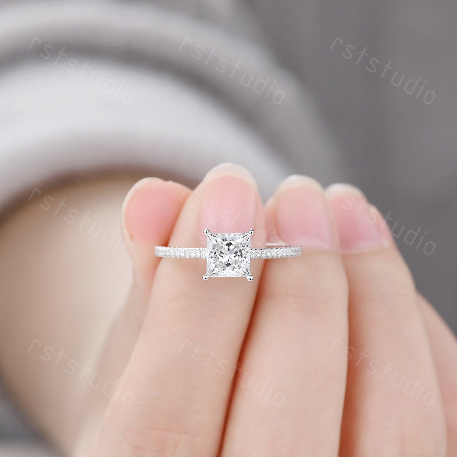 1ct Princess Cut Lab Grown Diamond Engagement Ring: 14K White Gold Wedding Band