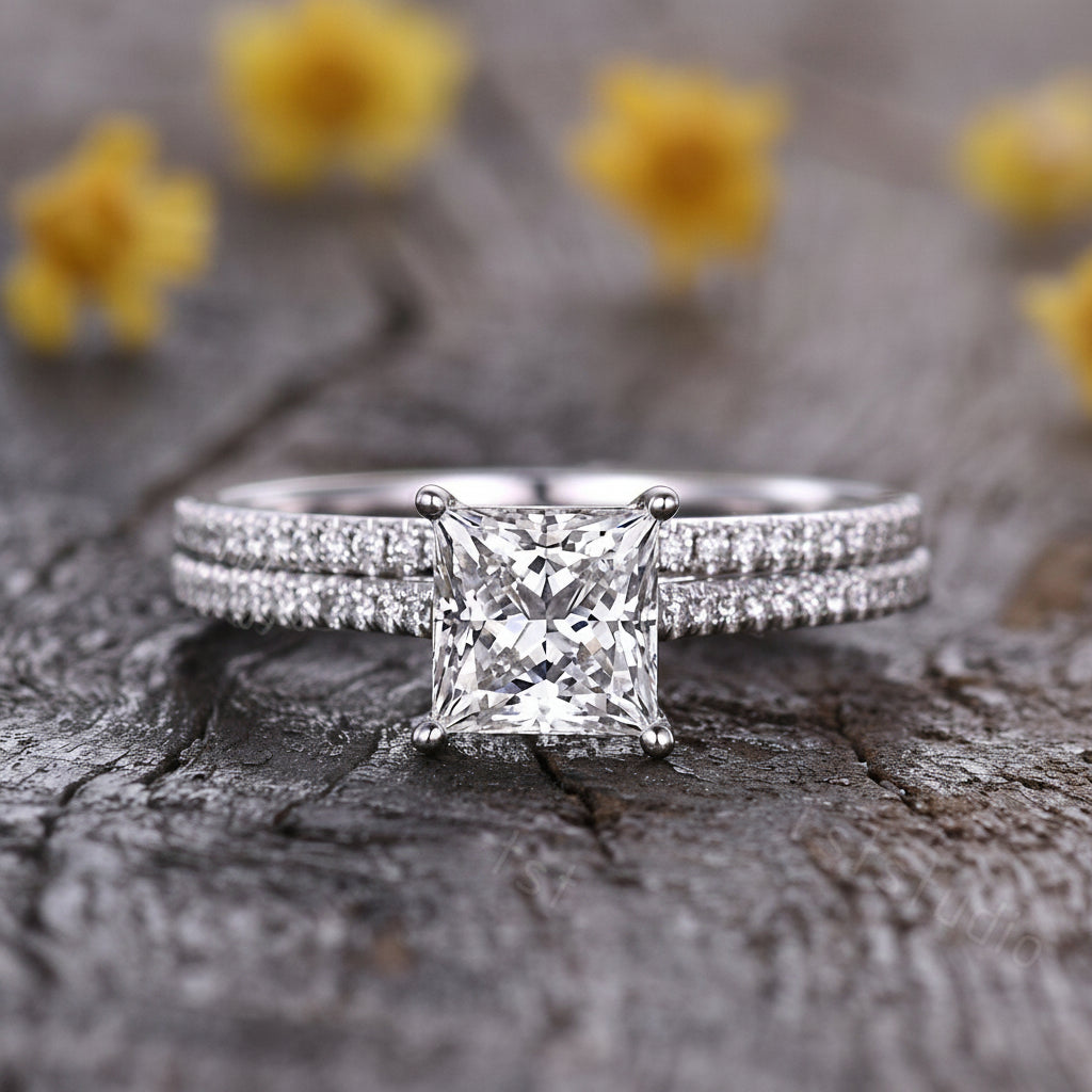 1ct Princess Cut Lab Grown Diamond Engagement Ring: 14K White Gold Wedding Band