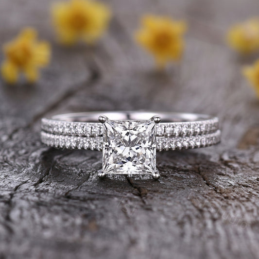 1ct Princess Cut Lab Grown Diamond Engagement Ring: 14K White Gold Wedding Band