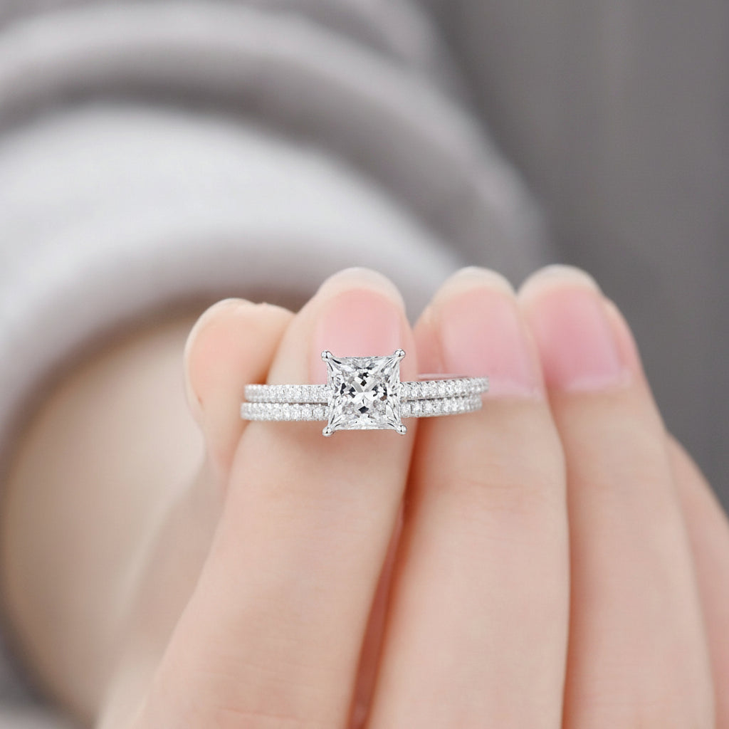 1ct Princess Cut Lab Grown Diamond Engagement Ring: 14K White Gold Wedding Band