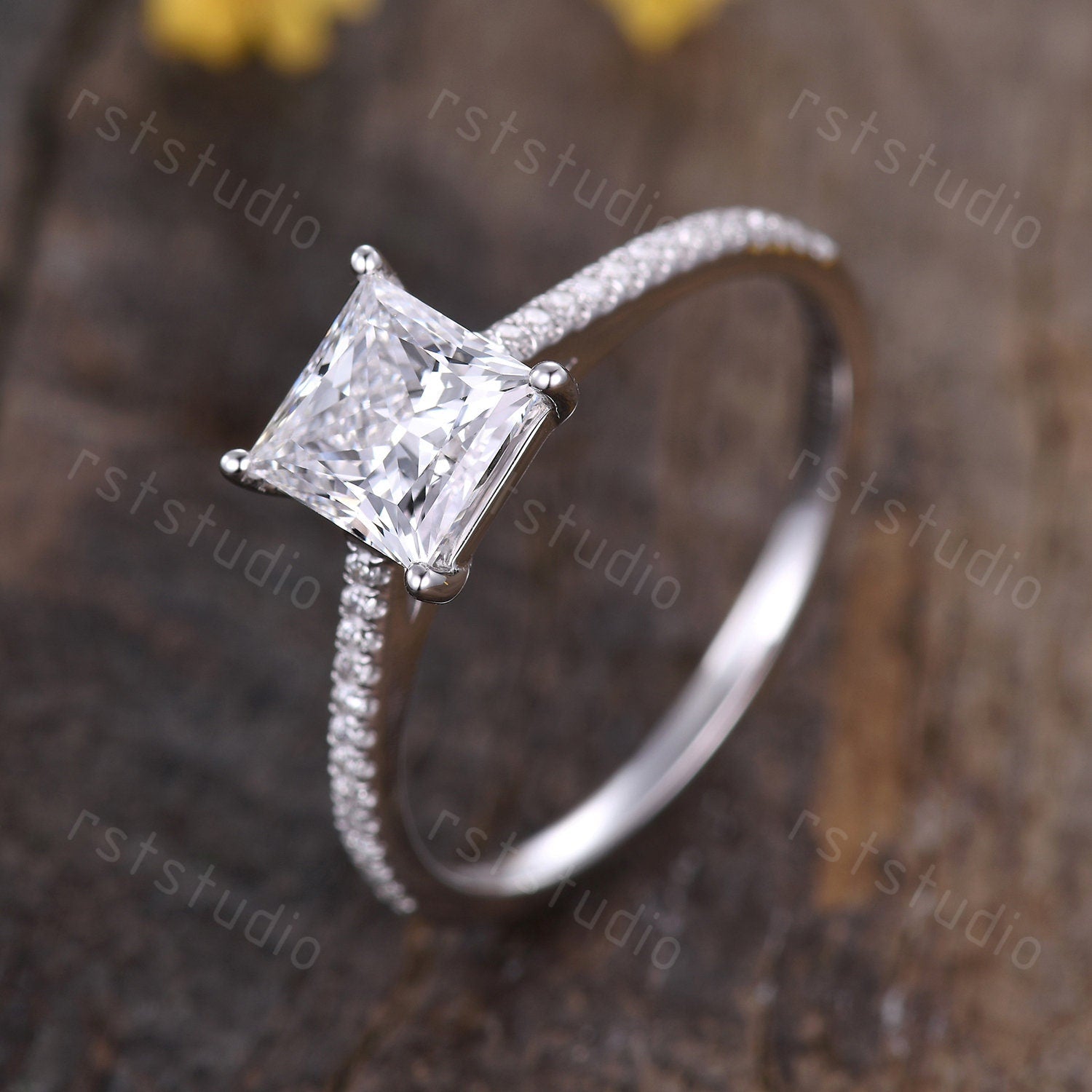 1ct Princess Cut Lab Grown Diamond Engagement Ring: 14K White Gold Wedding Band