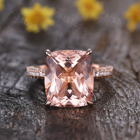 Natural Morganite Engagement Ring: 14K Rose Gold Hidden Halo Diamond Ring