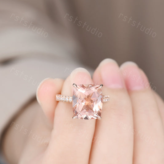 Natural Morganite Engagement Ring: 14K Rose Gold Hidden Halo Diamond Ring