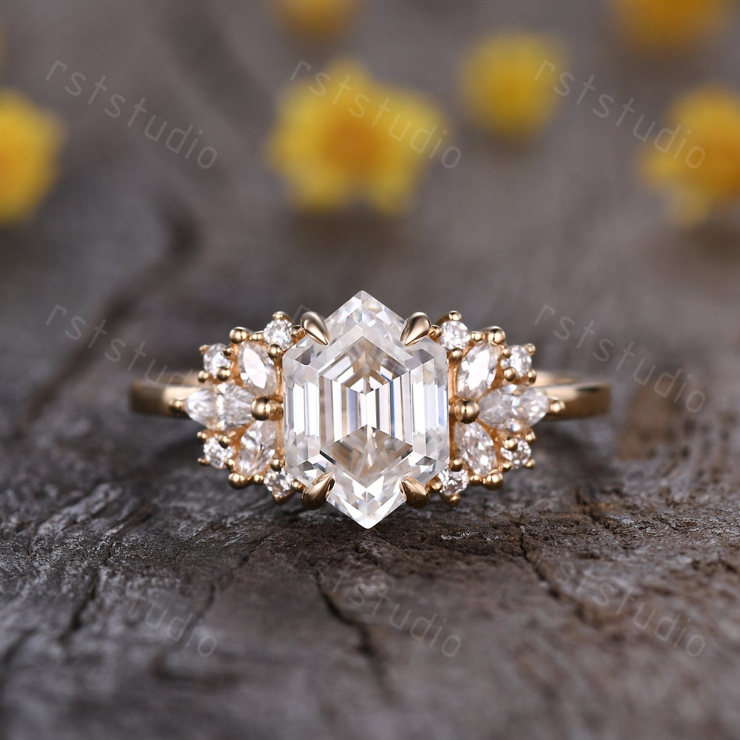 Vintage Hexagon Moissanite Cluster Ring: Gold Bridal Wedding Ring
