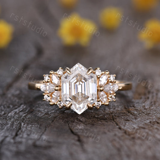 Vintage Hexagon Moissanite Cluster Ring: Gold Bridal Wedding Ring