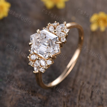 Vintage Hexagon Moissanite Cluster Ring: Gold Bridal Wedding Ring