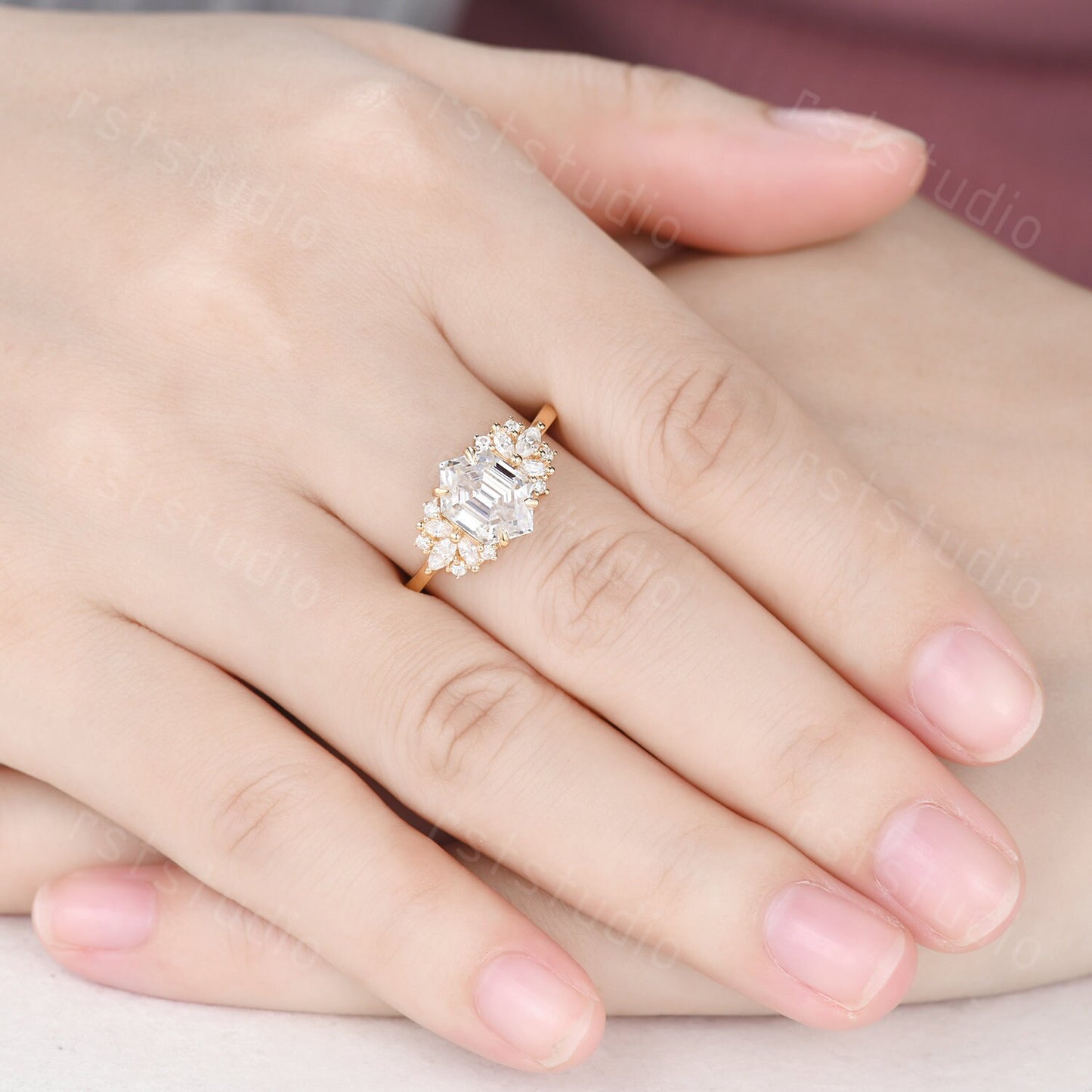 Vintage Hexagon Moissanite Cluster Ring: Gold Bridal Wedding Ring