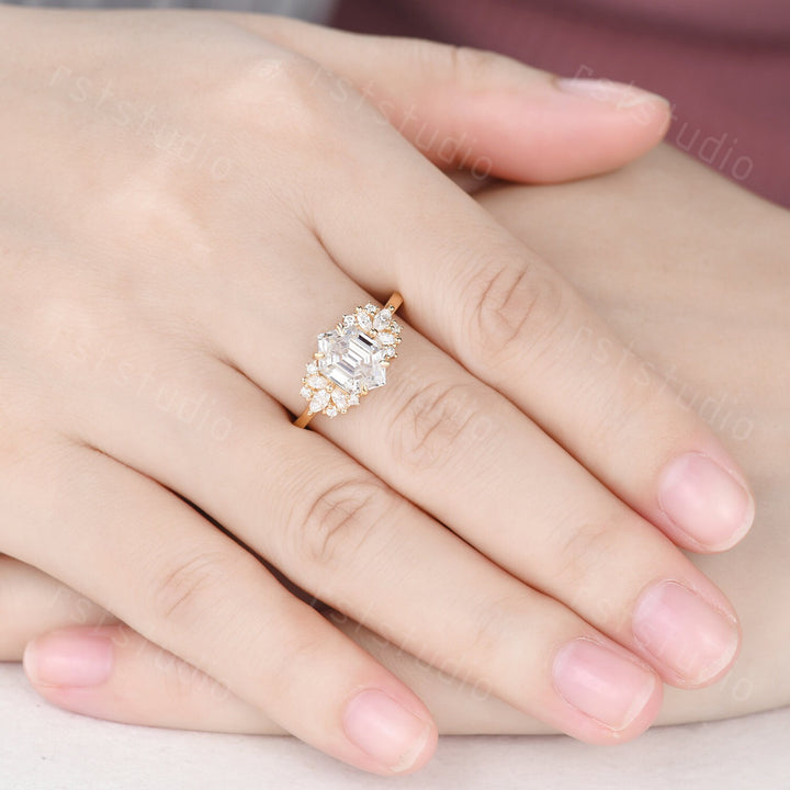Vintage Hexagon Moissanite Cluster Ring: Gold Bridal Wedding Ring
