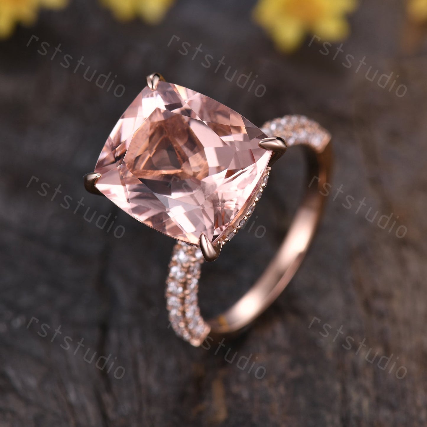 Natural Morganite Engagement Ring: 14K Rose Gold Hidden Halo Diamond Ring