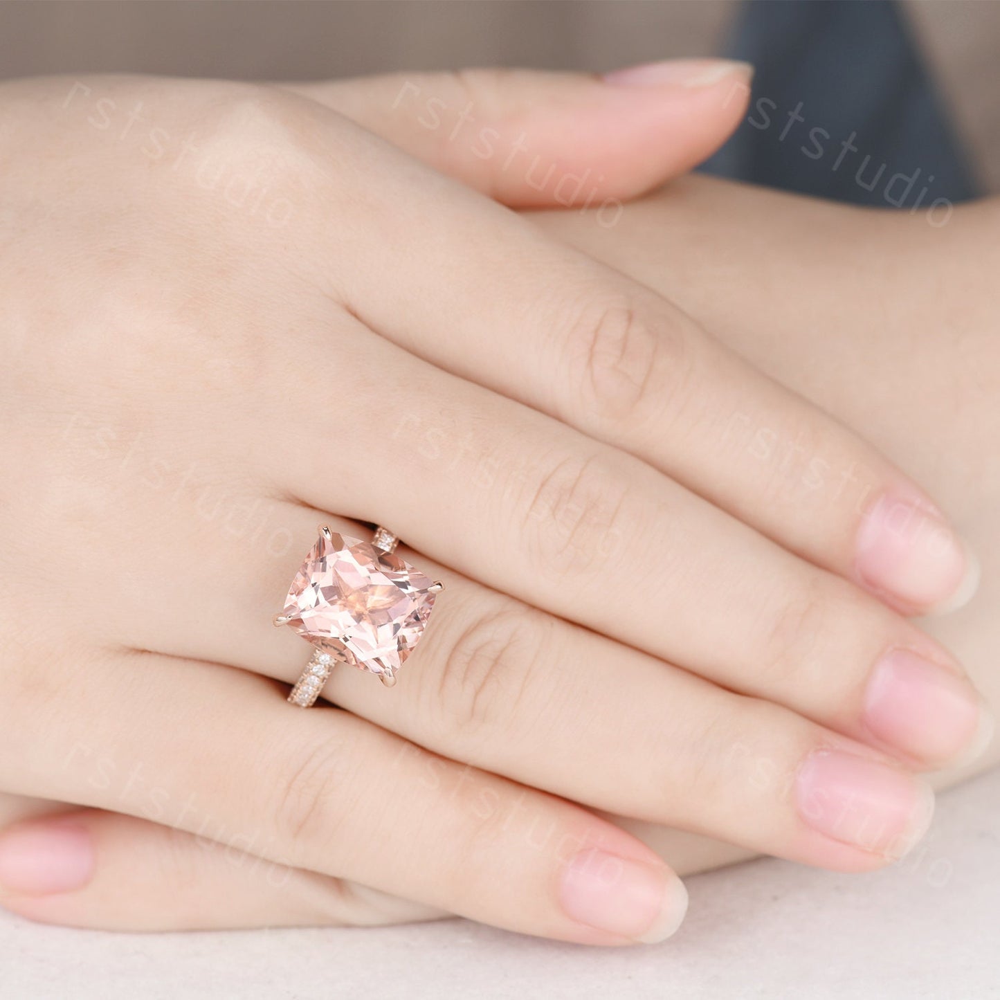 Natural Morganite Engagement Ring: 14K Rose Gold Hidden Halo Diamond Ring
