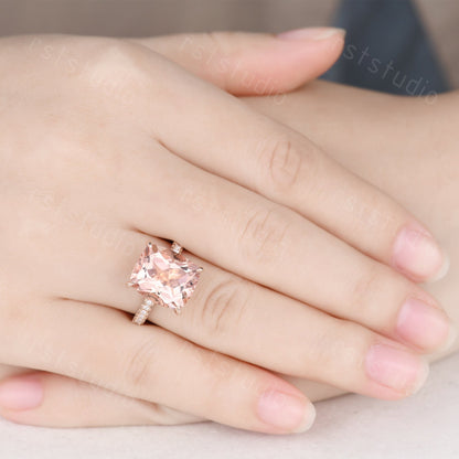 Natural Morganite Engagement Ring: 14K Rose Gold Hidden Halo Diamond Ring