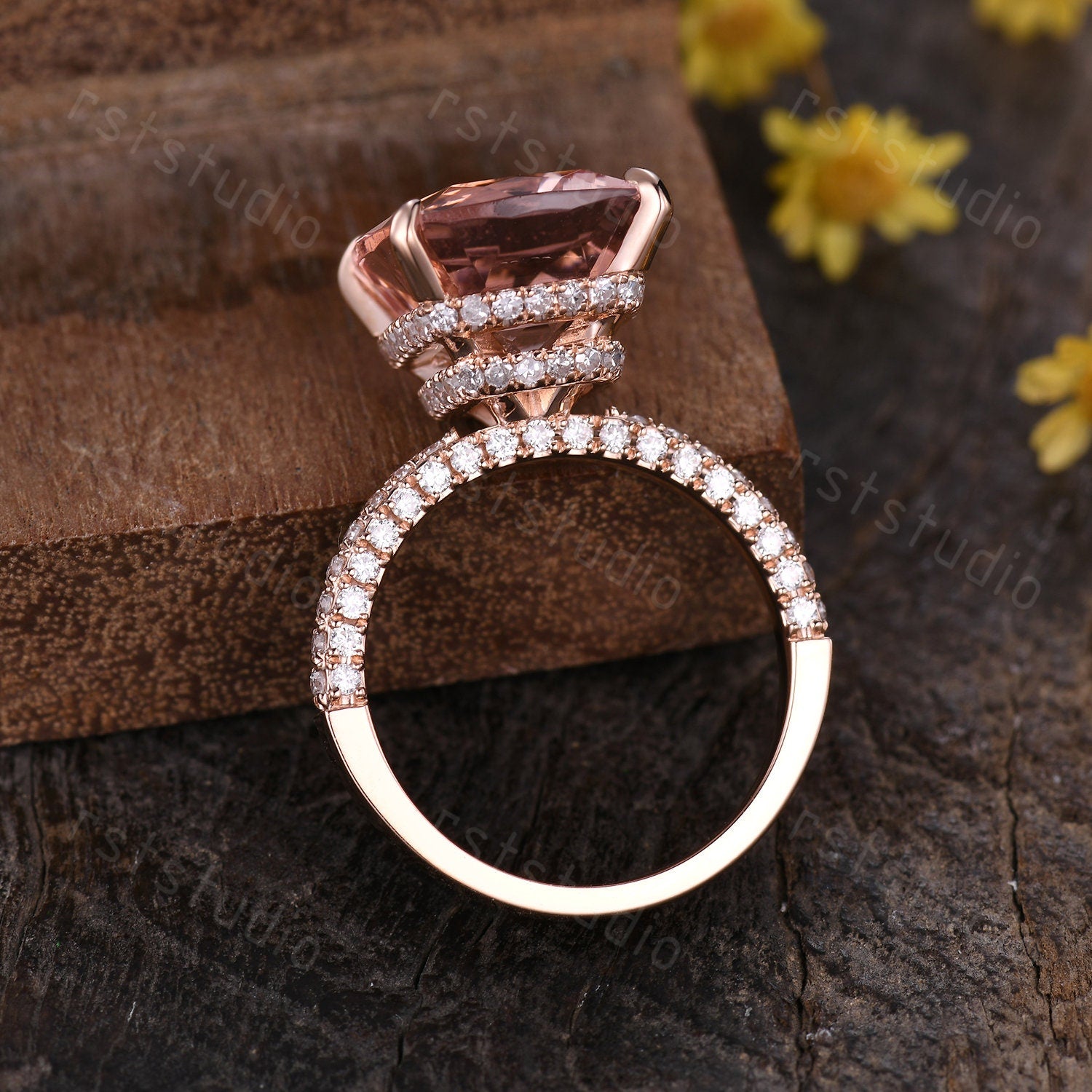 Natural Morganite Engagement Ring: 14K Rose Gold Hidden Halo Diamond Ring