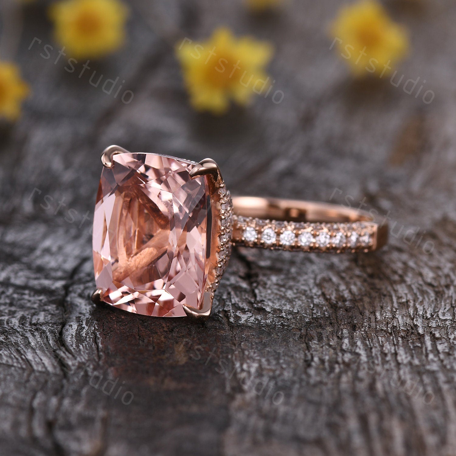 Natural Morganite Engagement Ring: 14K Rose Gold Hidden Halo Diamond Ring