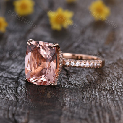 Natural Morganite Engagement Ring: 14K Rose Gold Hidden Halo Diamond Ring