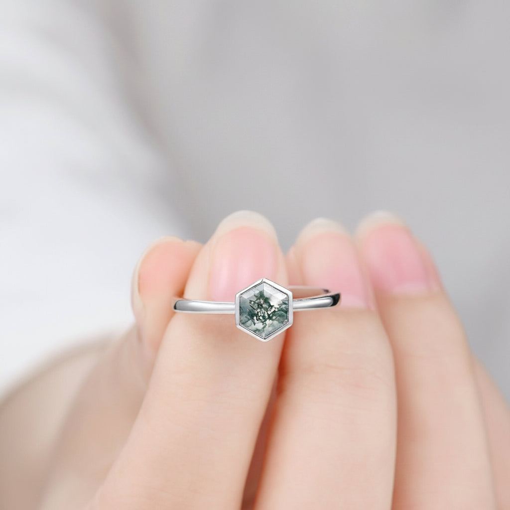 Hexagon Moss Agate Ring, 14k White Gold Solitaire, Vintage Style