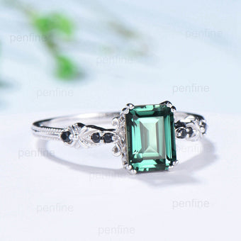 Unique Emerald Cut Green Sapphire Ring 8 Prongs Vintage Inspired Teal Sapphire Engagement Ring Green Black Crystal Wedding Ring for Women - PENFINE
