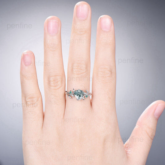 Nature Inspired Heart Moss Agate Engagement Ring Rose Gold Elegant Flower Green Agate Wedding Ring Emerald Branch Leaf Anniversary Gift - PENFINE