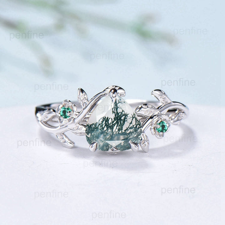 Nature Inspired Heart Moss Agate Engagement Ring Rose Gold Elegant Flower Green Agate Wedding Ring  Emerald Branch Leaf Anniversary Gift - PENFINE