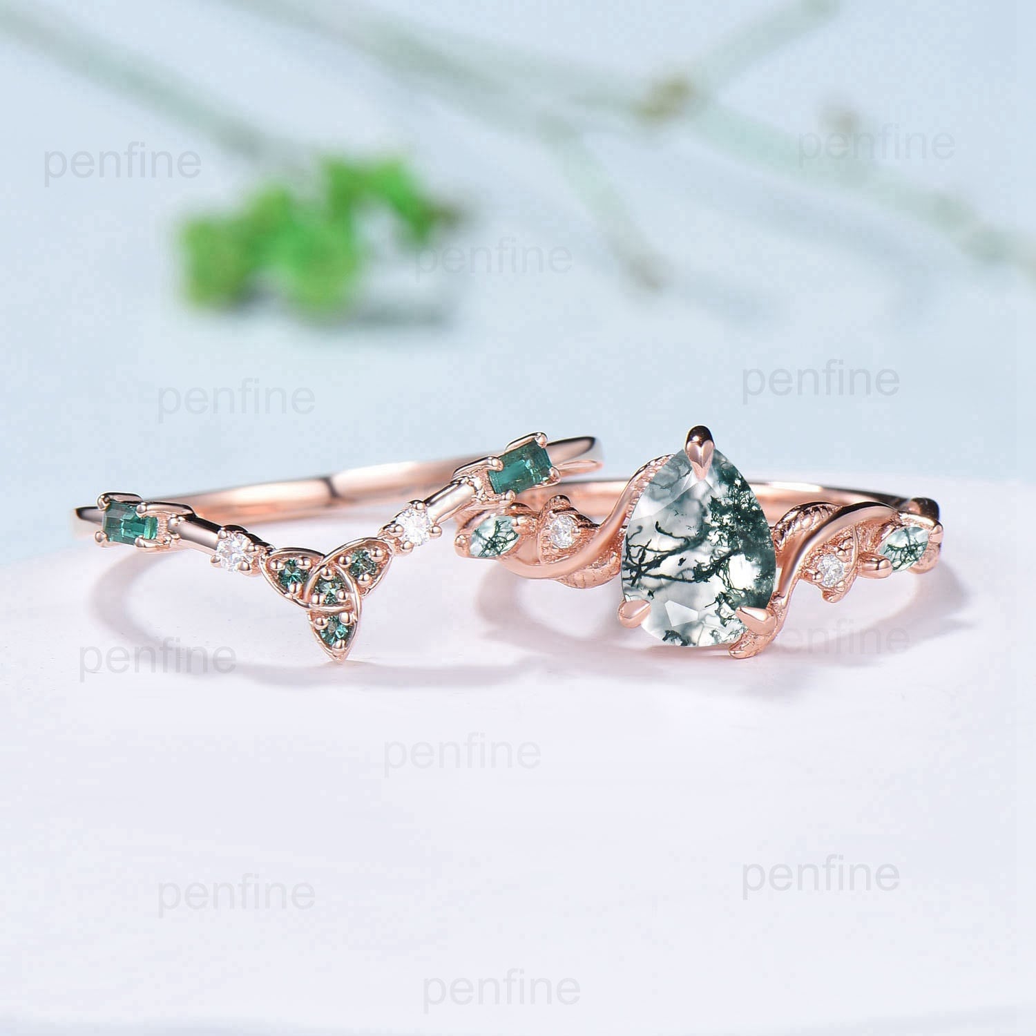Vintage pear shaped moss agate ring set Nature Inspired green crystal engagement ring Norse Viking Leaf May birthstone wedding set for women - PENFINE