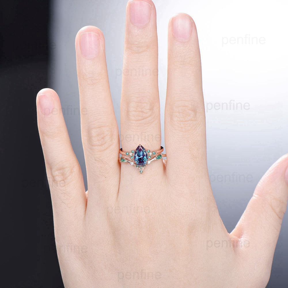 Vintage Pear shaped alexandrite engagement ring set Norse Viking Rose gold alexandrite emerald ring Unique anniversary bridal ring set women - PENFINE