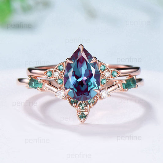 Vintage Pear shaped alexandrite engagement ring set Norse Viking Rose gold alexandrite emerald ring Unique anniversary bridal ring set women - PENFINE