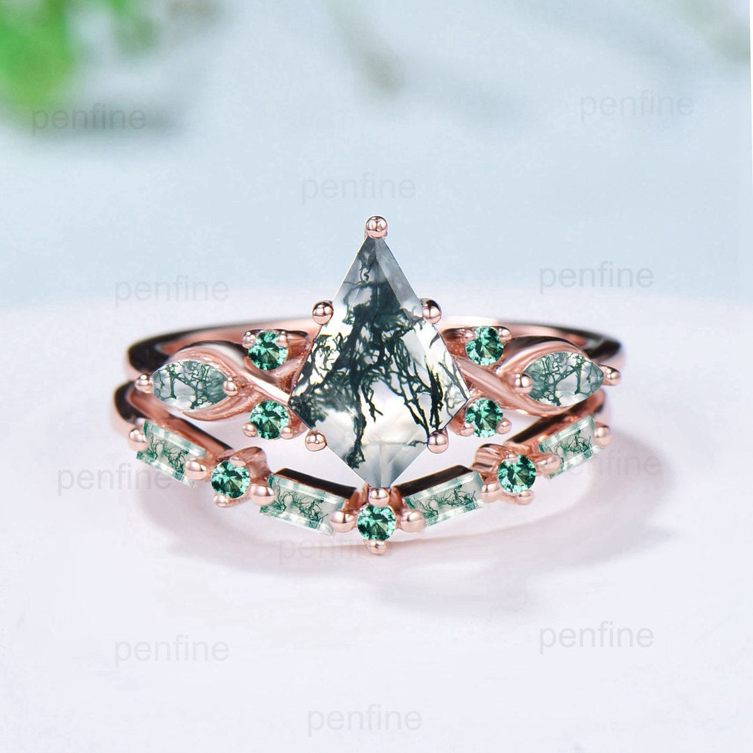 Vintage 1.5 Carat Kite Cut Moss Agate Engagement Ring Set Unique 14k Rose Gold Natural Green Marquise Agate Wedding Ring Set Ring for Women - PENFINE