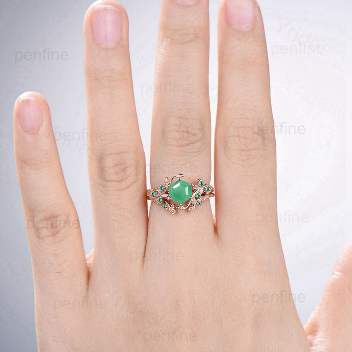 Elegant Chrysoprase Engagement Ring Set  Vintage Unique Green Chrysoprase Wedding Set Rose Gold Cluster Emerald Promise Ring Cute Bridal Set - PENFINE