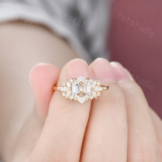 Vintage Hexagon Moissanite Cluster Ring: Gold Bridal Wedding Ring