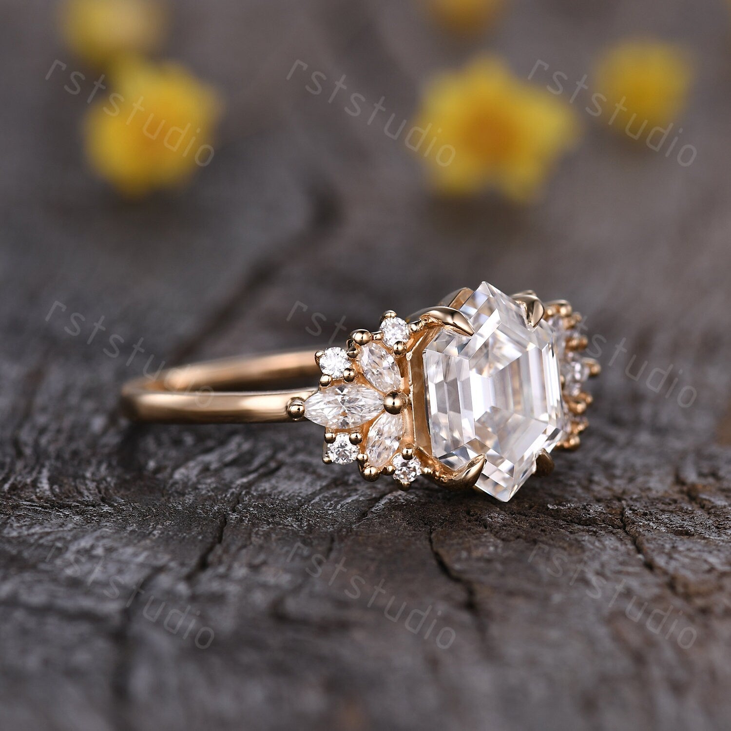 Vintage Hexagon Moissanite Cluster Ring: Gold Bridal Wedding Ring