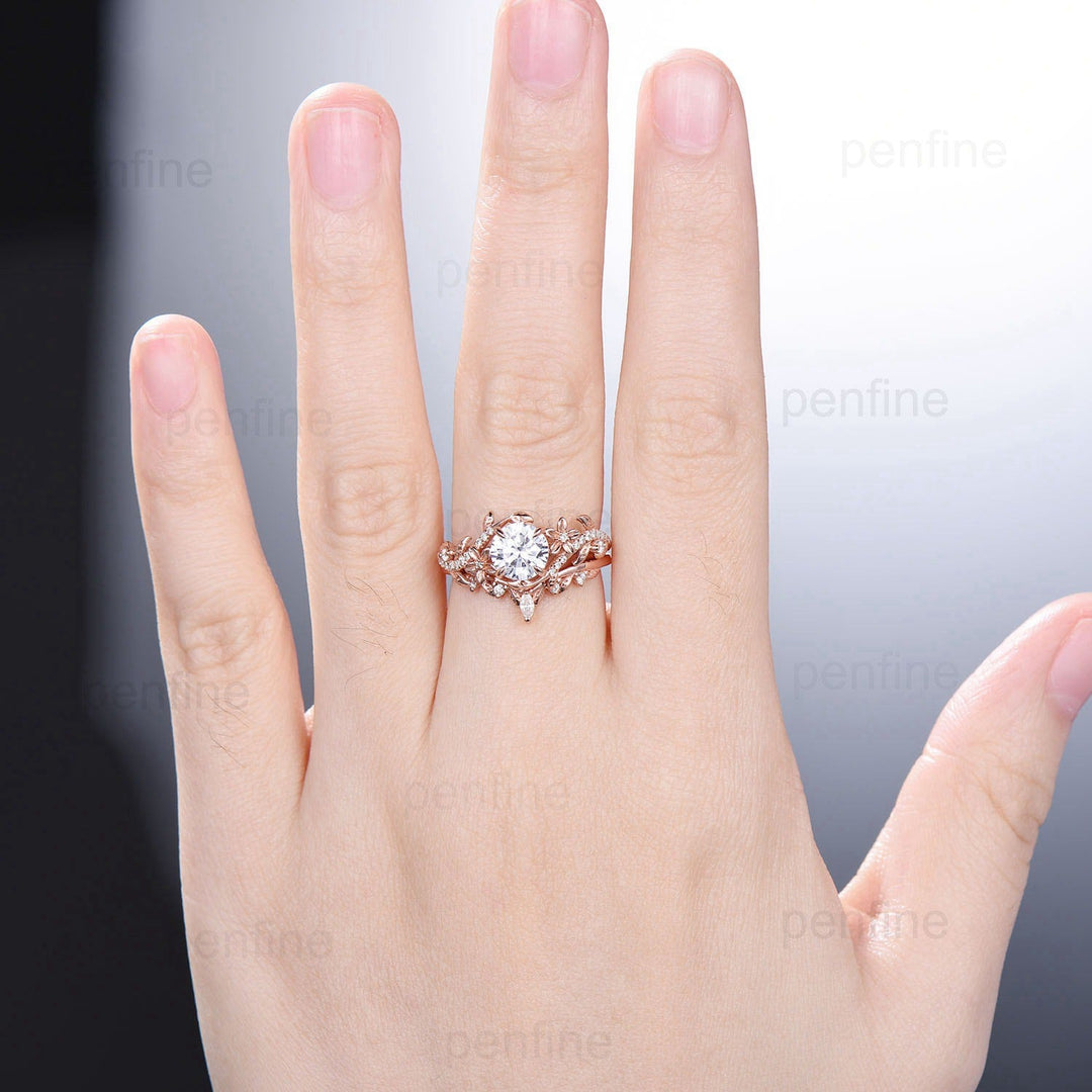 1CT Floral Brilliant Moissanite Engagement Ring Set Nature Inspired Branch Twig Leaf Wedding Set Unique Infinity anniversary bridal ring set - PENFINE