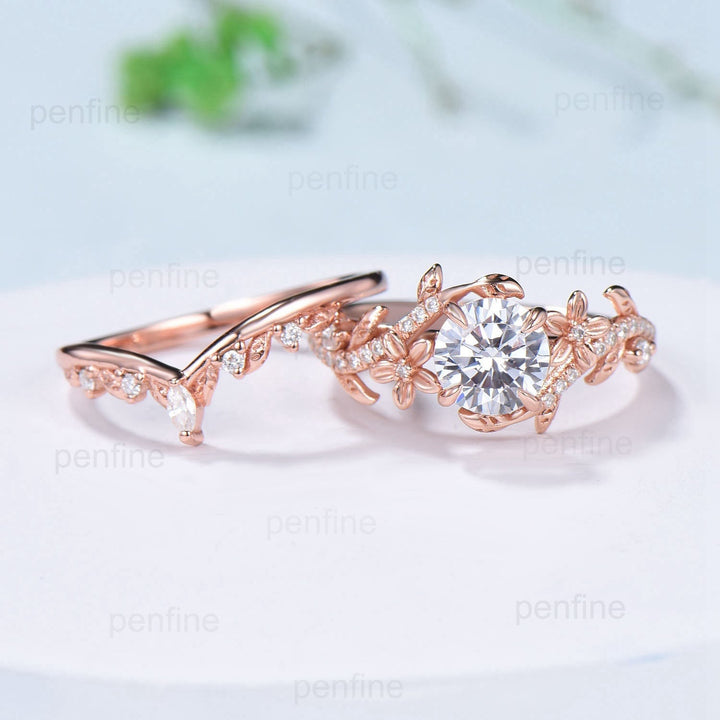 1CT Floral Brilliant Moissanite Engagement Ring Set Nature Inspired Branch Twig Leaf Wedding Set Unique Infinity anniversary bridal ring set - PENFINE