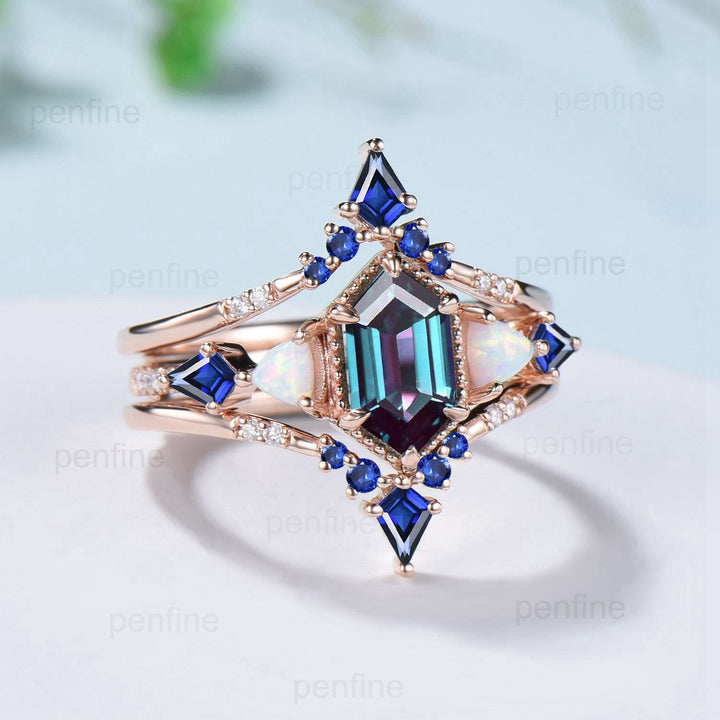 Unique long hexagon alexandrite engagement ring set vintage triangle fire opal kite sapphire wedding ring set double curved v stacking band - PENFINE