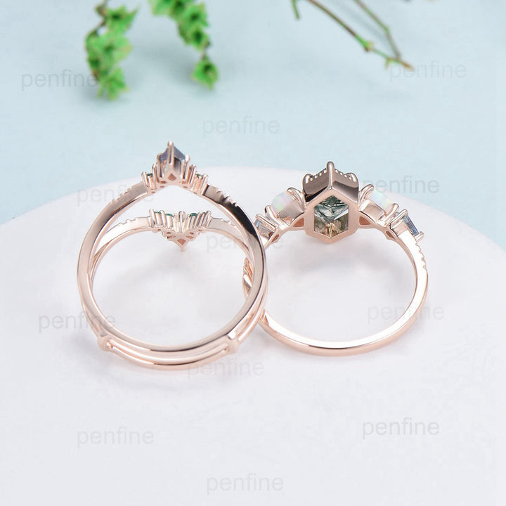 Unique long hexagon alexandrite engagement ring set vintage triangle fire opal kite sapphire wedding ring set double curved v stacking band - PENFINE