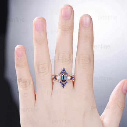 Unique long hexagon alexandrite engagement ring set vintage triangle fire opal kite sapphire wedding ring set double curved v stacking band - PENFINE