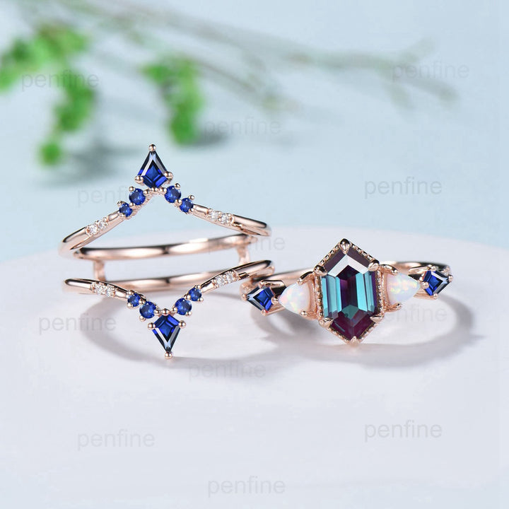 Unique long hexagon alexandrite engagement ring set vintage triangle fire opal kite sapphire wedding ring set double curved v stacking band - PENFINE