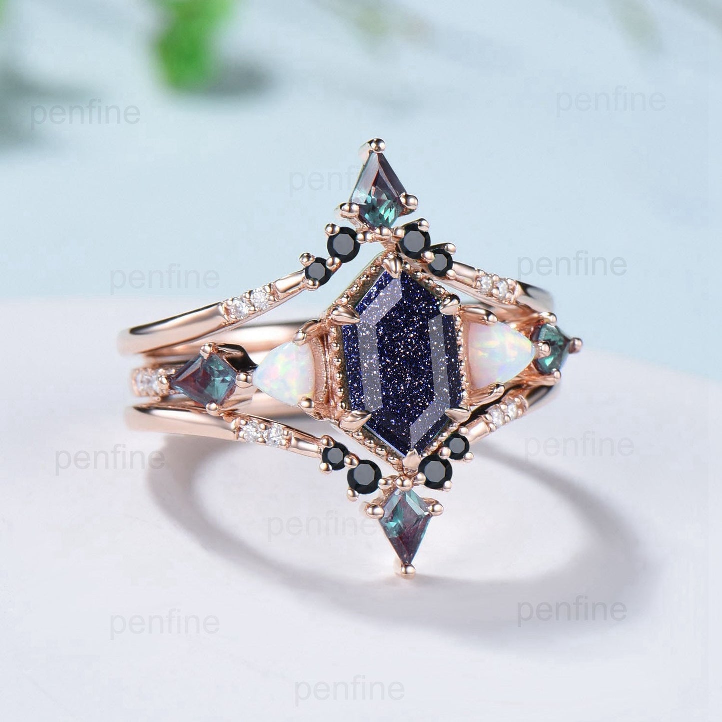 Unique long hexagon blue sandstone engagement ring set vintage triangle fire opal kite alexandrite wedding set double curved v spinel band - PENFINE