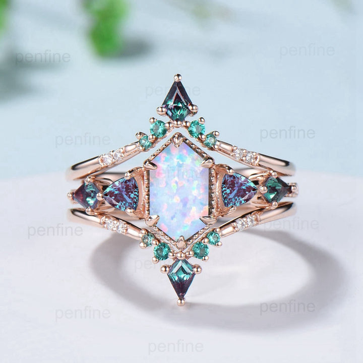 Vintage Rose Gold Alexandrite & Opal Ring Set, Handmade - PENFINE