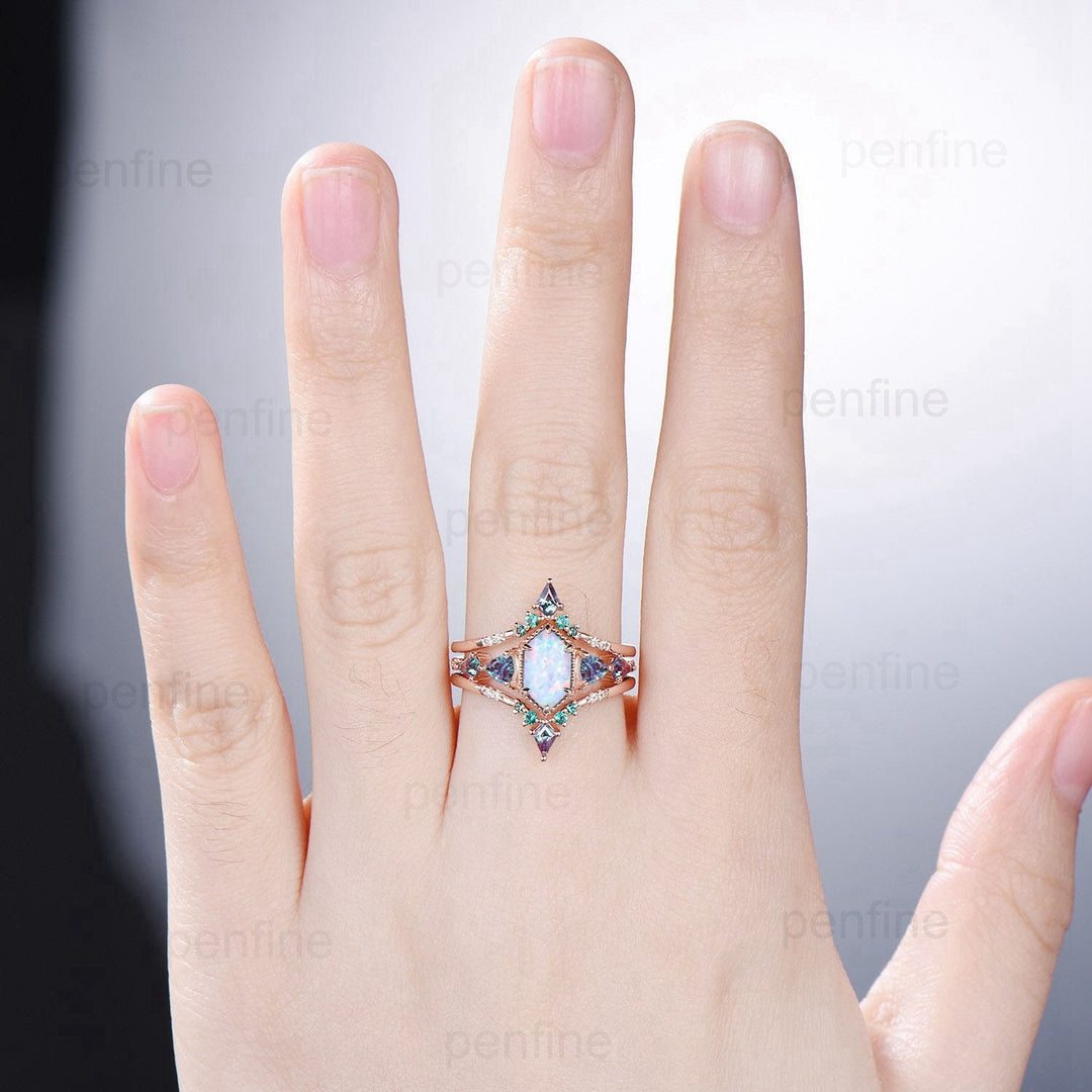 Vintage Rose Gold Alexandrite & Opal Ring Set, Handmade - PENFINE
