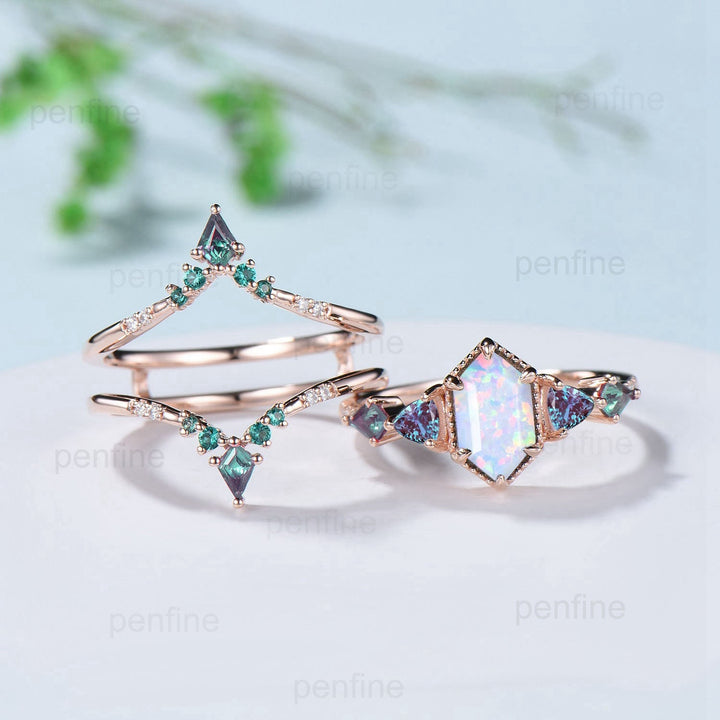 Vintage Rose Gold Alexandrite & Opal Ring Set, Handmade - PENFINE