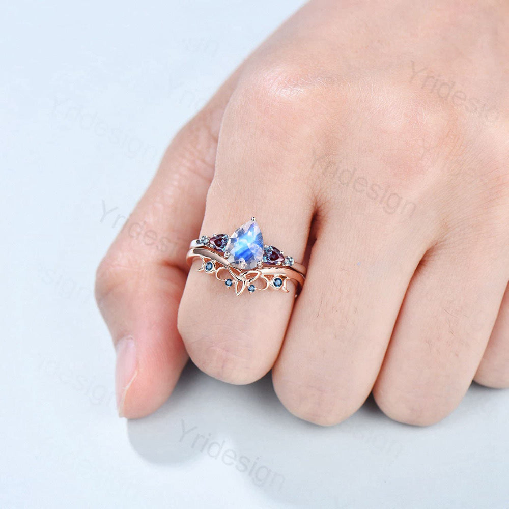 Pear Shaped Natural Blue Moonstone Engagement Ring Set Vintage Color-Change Pear Alexandrite Wedding Set June Birthstone Topaz Stacking Band - PENFINE