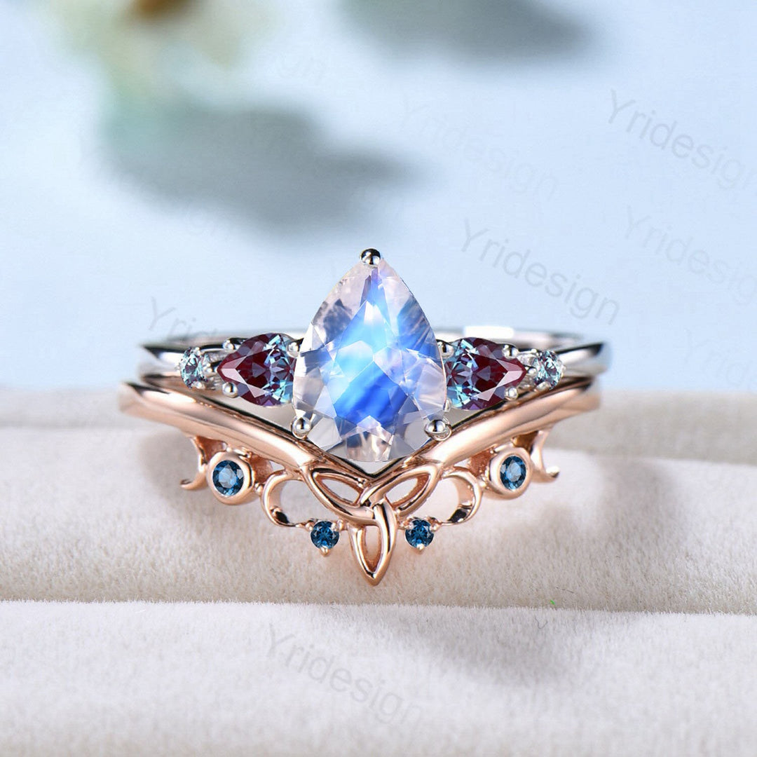 Pear Shaped Natural Blue Moonstone Engagement Ring Set Vintage Color-Change Pear Alexandrite Wedding Set June Birthstone Topaz Stacking Band - PENFINE