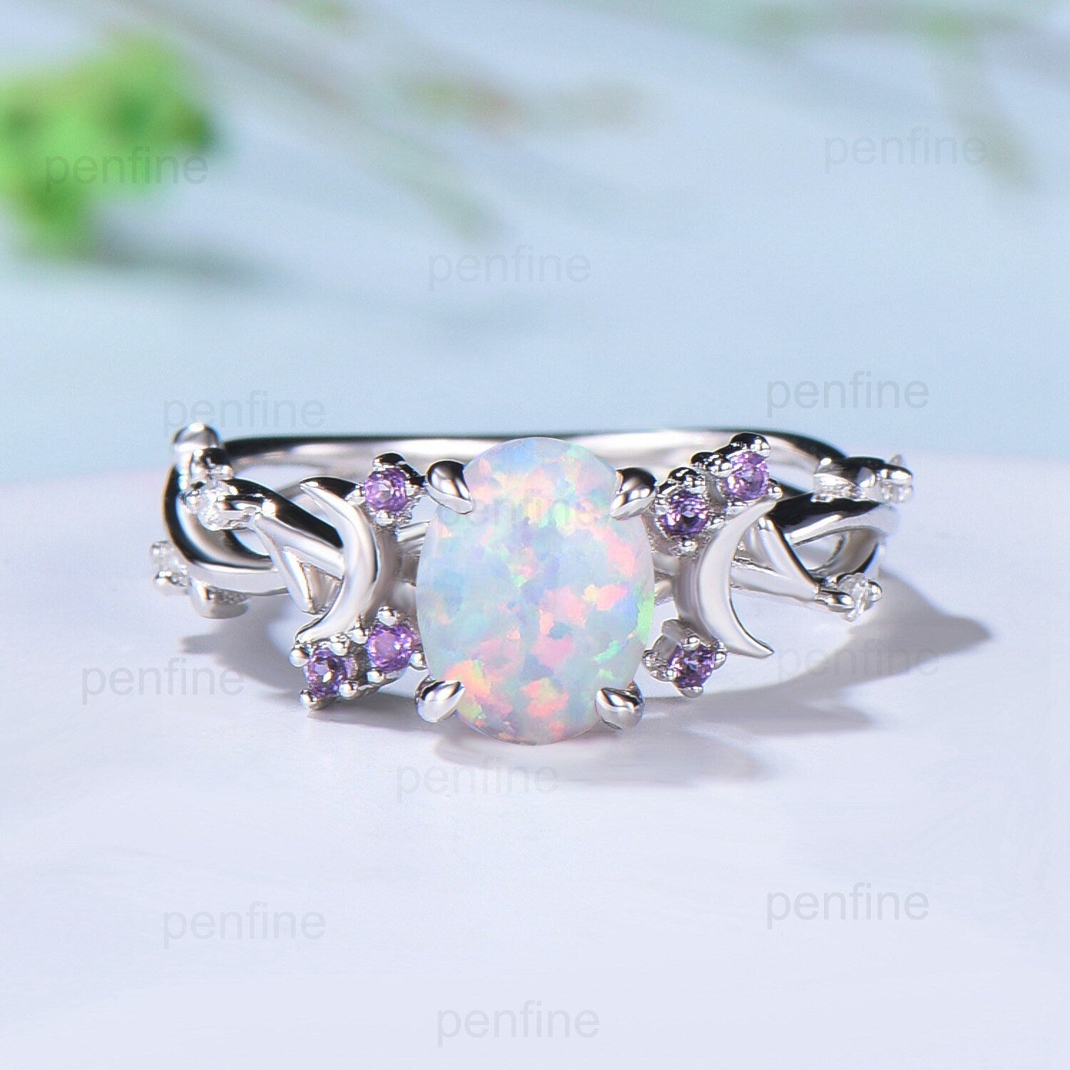 Unique 1.5CT Oval Cut Opal Ring Vintage White Opal Moon Engagement Ring Twig  Branch Cluster Amethyst Wedding Ring PromiseGift For Women - PENFINE